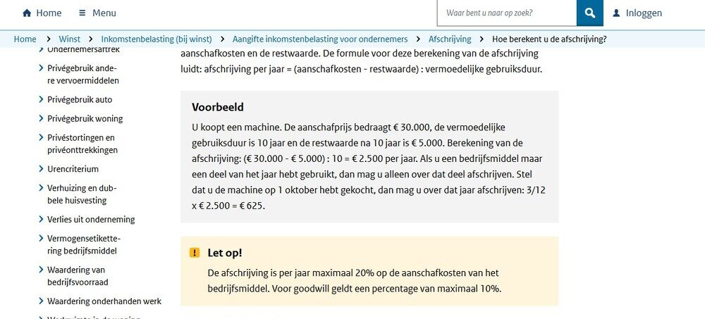 Screenshot van afschrijvingspercentage goodwill volgens de belastingdienst in 2025